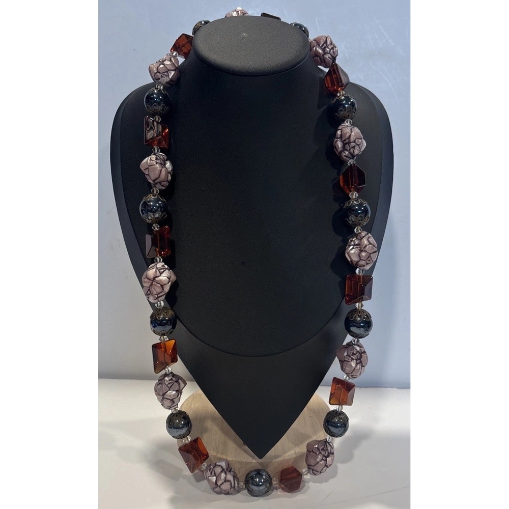 Vintage 1950s 144g Art Glass Necklace Chunky Carved Satin & Amber Orange Beads